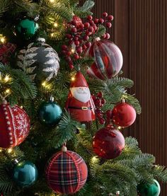 a christmas tree decorated with ornaments and lights