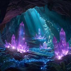 the inside of a cave filled with lots of purple rocks and water flowing from it