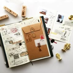 an open notebook with stamps and paper on it