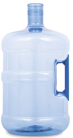 a large plastic water bottle with a blue handle on the top and bottom, isolated against a white background