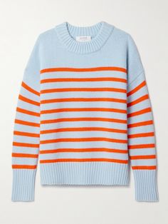 La Ligne's 'Marin' sweater is knitted from a warm and soft wool and cashmere-blend and has orange stripes that pop against a sky-blue background. It's designed in a loose silhouette with a chunky ribbed neckline and dropped shoulder seams. Wear yours with denim or tailoring. Porter Bag, Striped Sweaters, Summer Style Guide, Flat Dress Shoes, Dress Flats, Classic Cardigan, Cashmere Blend Sweater, Soft Wool, Everyday Wardrobe