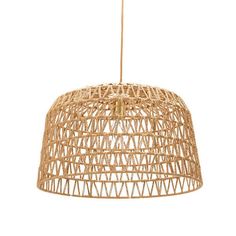 a rattan light hanging from a ceiling fixture on a white background with clippings