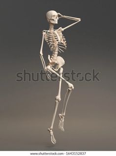 a skeleton is standing in the air with one foot on his head and arms behind him