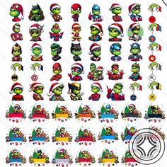 the grin's christmas stickers are all different colors and sizes, including red, green