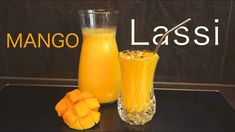 mango lassi and two glasses of orange juice on a black table with the words mango lassi