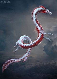 a red and white dragon flying through the air with clouds in the backround