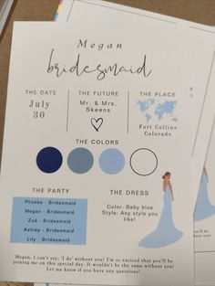 the wedding info sheet is displayed on top of each other, with blue and white colors