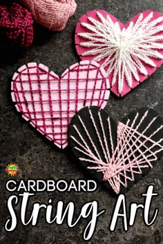 three heart shaped paper crafts with the words card board string art on top of it