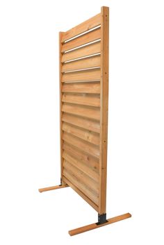 a wooden slatted door on a stand with one side open and the other half closed