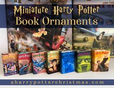 the harry potter book ornaments are lined up