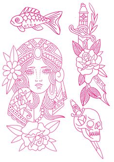 a drawing of a woman with tattoos and flowers on her head, in pink ink