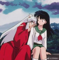 an anime scene with a woman sitting on the ground next to a man in red and white