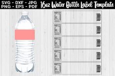 the water bottle label is displayed on a white background with wood planks and pink accents