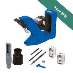 a blue stapler with tools and other items for sale on a white background next to the package