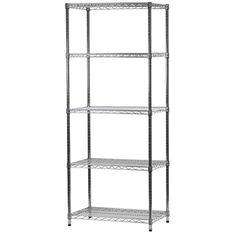 chrome wire shelving unit with four shelves on the bottom and one shelf below it