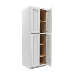 a white cabinet with two doors and shelves on the bottom, in front of a white background