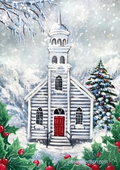 a painting of a church in the snow with christmas trees and holly wreaths around it