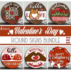 the valentine's day round signs bundle is shown in different colors and sizes, including red