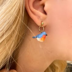 Bluebird Earrings | Handpainted Bird Jewelry | Tiny Bird Charm Polymer Clay | Handmade Dangle Earrings | Hypoallergenic 24k Gold Plated Post Bird Earrings Handmade, Cute Polymer Clay Earring Ideas, Animal Clay Earrings, Clay Earrings Ideas, Bird Polymer Clay, Handmade Dangle Earrings, Quirky Jewelry, Wishlist 2024, Earrings Hypoallergenic