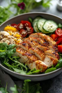 Grilled chicken salad with arugula, cherry tomatoes, cucumber, mango, and sliced mushrooms. Eating Healthy Meal Plan, Healthy Food Catering, Healthy Food For Diabetics Meals, Turkey Healthy Meals, Healthy Fine Dining Recipes, Single Dinner Ideas, Healthy Eating Aesthetic Pictures, Balanced Meals Ideas, Healthy Lunch Recipes For Weight Losing