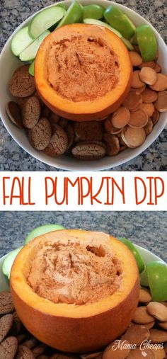 two pictures of pumpkin dip in a bowl with almonds and green apples on the side