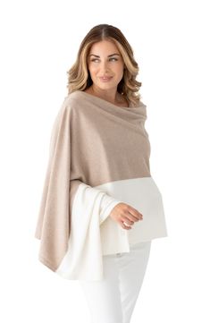 Generously sized and cloud soft, this cashmere-kissed scarf can also be used as a wrap or a blanket, and stands up beautifully to on-the-go travel. 28" x 78" 95% organic cotton, 5% cashmere Machine wash, dry flat Imported Chic Beige Shawl For Fall, Chic Beige Shawl For Spring, Chic Cashmere Shawl, Elegant Beige Wrap For Fall, Elegant Beige Wraps For Fall, Elegant Beige One Size Poncho, Elegant One Size Beige Poncho, Chic White Scarves For Fall, Sweater Shawl