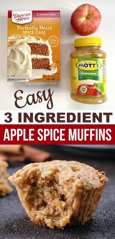 an apple spice muffin is cut in half and the title says easy 3 ingredient apple spice muffins