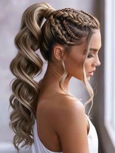 Cute Hairstyles For Long Hair For A Wedding, Long Braided Wedding Hairstyles, Braided Hair Styles Long Hair, Cute Braid Ponytails, Hairstyles For Wedding Ponytail, Styled Ponytail Long Hair, Wedding Braid Ponytail, Hoco Updo Hairstyles Ponytail, Braided Hairstyles Elegant