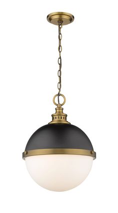 a black and gold pendant light hanging from a ceiling fixture with a chain around it