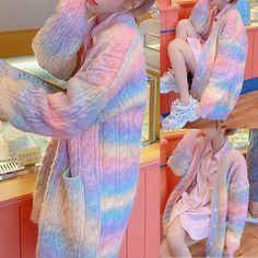 #ad Top Rated Women Rainbow Knitted Cardigan Long Sleeve Button Down Open Front Sweater Coat, Fashion Women's Sweaters Thick Knit Cardigan, Rainbow Cardigan, Winter Plus Size, Rainbow Outfit, Rainbow Sweater, Gothic Clothes, Jacquard Sweater, Knitted Coat, Clothes Style