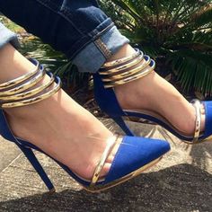 Stylish Gold Blue Heels Blue And Gold Heels, Blue High Heels, Prom Heels, Pumps Heels Stilettos, Gold Heels, Gorgeous Shoes, Fabulous Shoes, Hot Shoes, Crazy Shoes