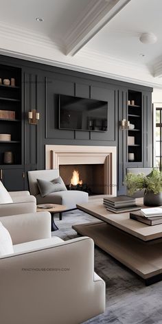 a living room filled with furniture and a fire place in the middle of the room