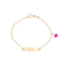 PRICES MAY VARY. ID CHARM BRACELET: 14k yellow gold kids’ ID bracelet featuring an adorable pink heart charm with hand-painted enamel and an ID plate that we will custom engrave for you; great jewelry gift for newborn, infants, babies, toddlers, little girl, child, and kid; 5.5 inches QUALITY ITALY SOLID 14K GOLD: NOT plated; Stamped to authenticate the fineness of the gold; Entirely made in Italy ENGRAVABLE ID PLATE: Every child is unique, and a customized bracelet with an exquisite laser engra Name Bracelets, Gift Presentation, Yellow Bracelet, Babies Newborn, Gold Girl, Baby Colors, Id Bracelets, Pink Enamel, Name Bracelet