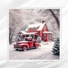 a painting of a red truck parked in front of a house with snow on the ground