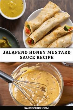 the recipe for jalapeno honey mustard sauce is shown in two separate images