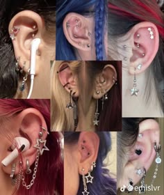 many different types of ear piercings with stars on them, all in different colors