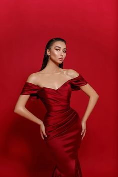 (1) Look 01 – FJOLLANILA Red Dress Studio Photoshoot, Gown Poses Ideas, Red Satin Dress Classy, Red Gown Photoshoot, Red Dress Hairstyles, Mezon Dresses, Red Dress Photoshoot Ideas, Satin Burgundy Dress, Red Corset Outfit