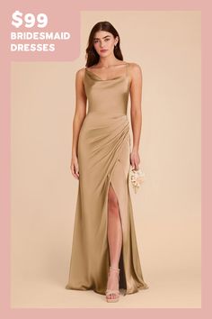 the bridesmaid dresses are $ 99 and available in beige or champagne color, with an asymmetrical twist