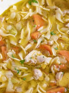 a bowl of chicken noodle soup with carrots and parsley