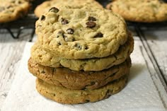 chocolate chip cookies stacked on top of each other