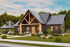 this is an artist's rendering of a modern farmhouse style home with two covered porches