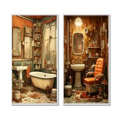 two pictures of an old fashioned bathroom