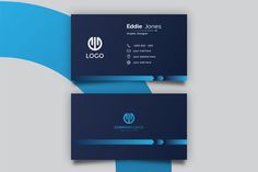 two business cards with blue and white stripes on them, one is for the company