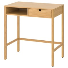 a wooden desk with two drawers on one side and an open drawer on the other