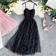 SP1563,Starry Black Spaghetti Straps Long Prom Dresses,Starry Tulle Evening Dress · SofieProm · Online Store Powered by Storenvy Stardust Dress, Fairy Corset, Fairy Prom Dress, Tulle Evening Dress, Corset Dress Prom, Photoshoot Dress, 90s Dress, Rhinestone Dress, Mermaid Gown