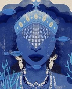 a painting of a woman with blue hair and fish on it's face, surrounded by corals