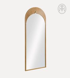 an arched mirror with a wooden frame on the front and back sides, against a white background