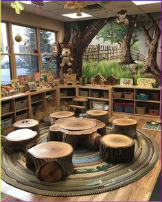 the children's playroom is decorated with wood logs and stuffed animals on display