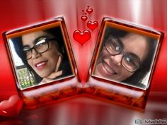 two women with heart shaped frames in front of red background and hearts on the wall