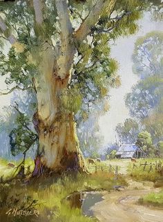 a painting of a large tree in the middle of a field